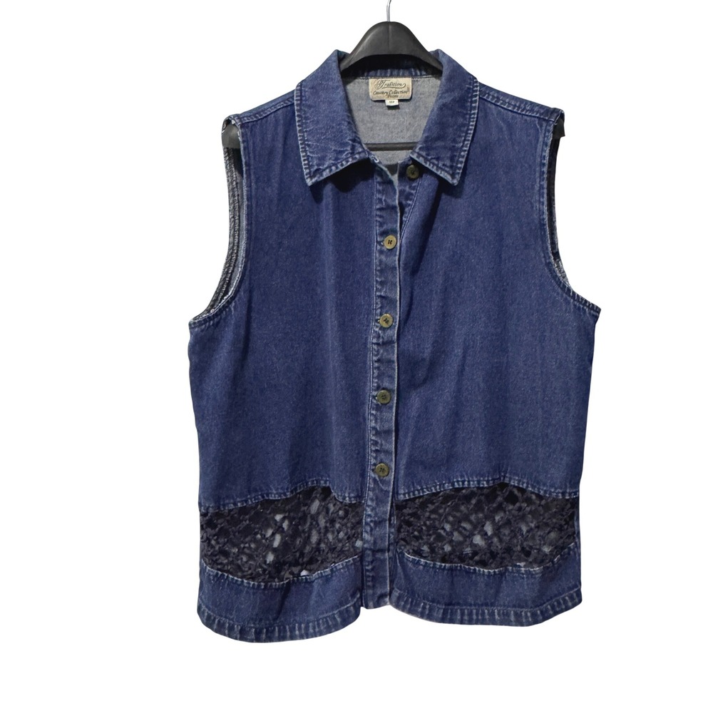 Tradition Country Collection Blue Denim Vest Crochet Detail‎ Button Front 16P